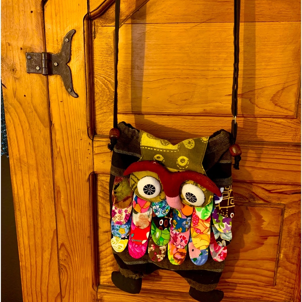 Small Hand Made Owl Bag! Crossbody! brown, black, pink, green feathers.